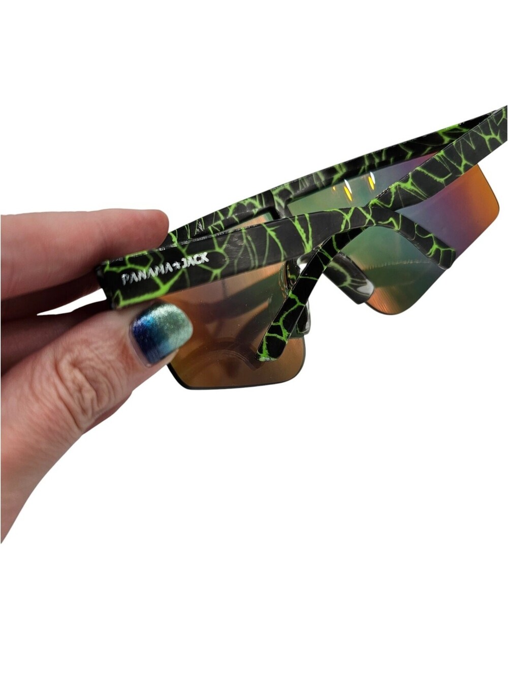 Panama Jack Retro Surf Shield Sunglasses Neon Green Black Print - Picture 4 of 5